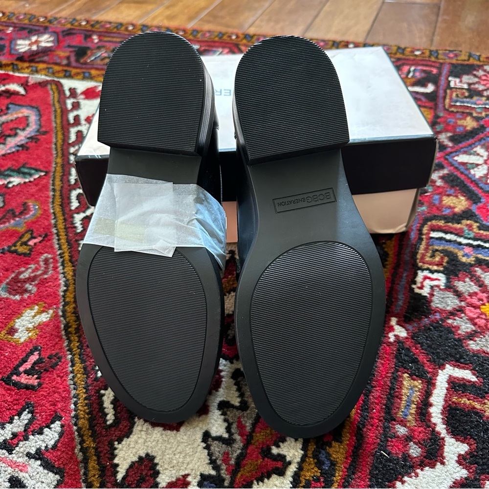 BCBG Black Leather Loafers with Gold Buckle - Picture 5 of 6